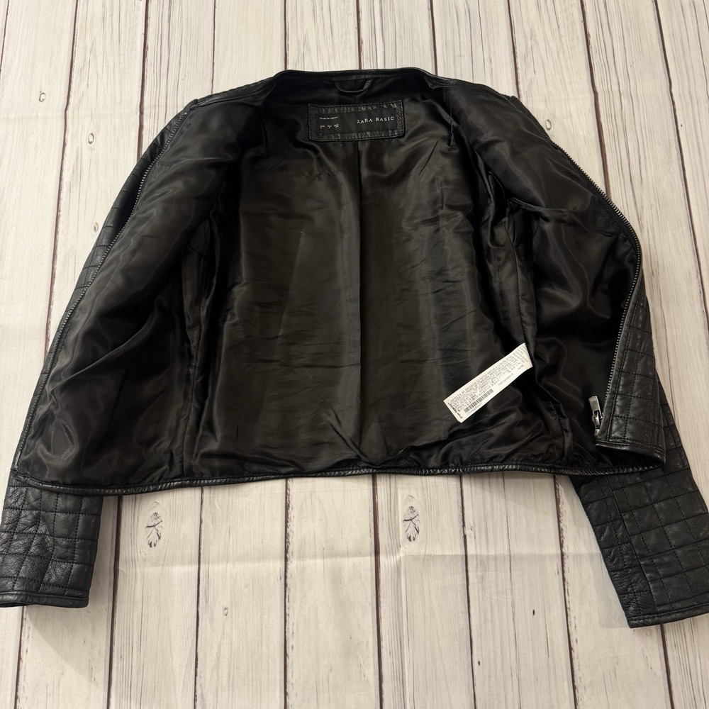 Zara Black‎ Lamb Leather Soft Quilted Size Small Jacket Zip Indie Rock Grunge - Picture 2 of 11